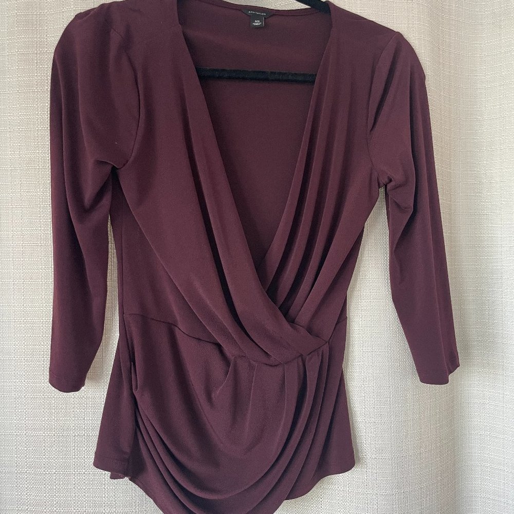 Ann Taylor Wine Colored Surplice Wrap Style 3/4 Length Blouse